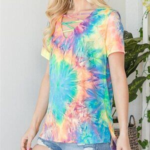 Tie Dye Crisscrossed Top "YELLOW/BLUE"